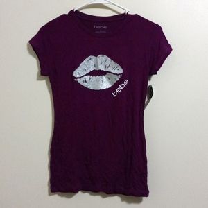 NWT! Bebe Burgundy & Sparkly Silver Kiss Logo Tshirt!